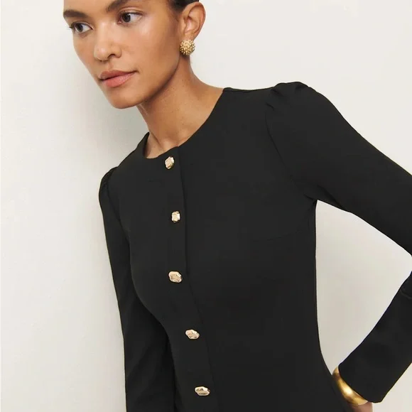 Reformation Micah Knit Dress Black Long Sleeve Dress with Gold Buttons - Picture 7 of 11